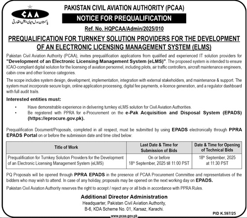 Pakistan Civil Aviation Authority Karachi Tender Notice